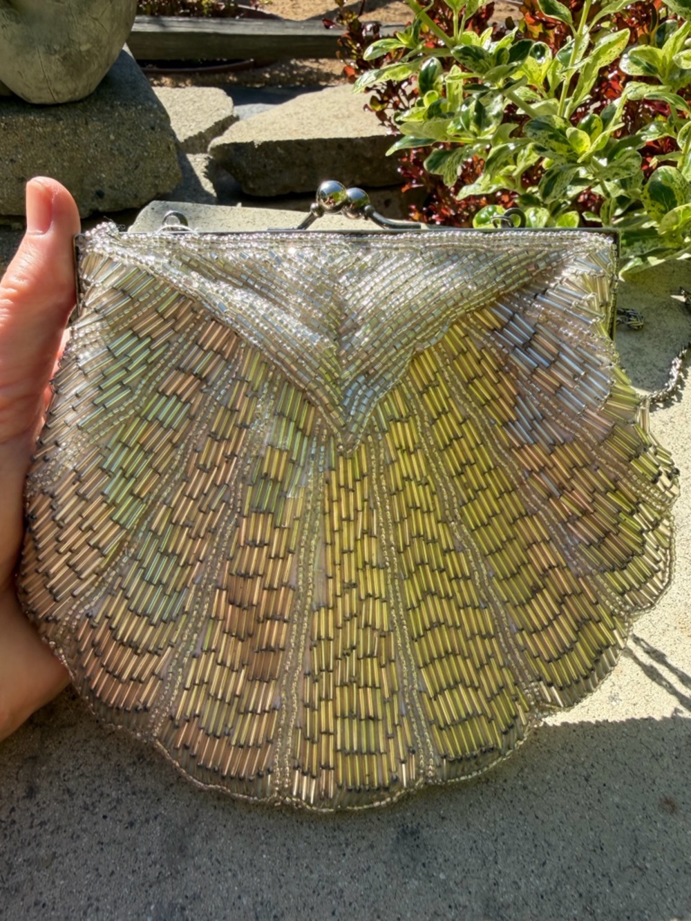 Vintage, La Regale Iridescent Silver Beaded Shell Clutch